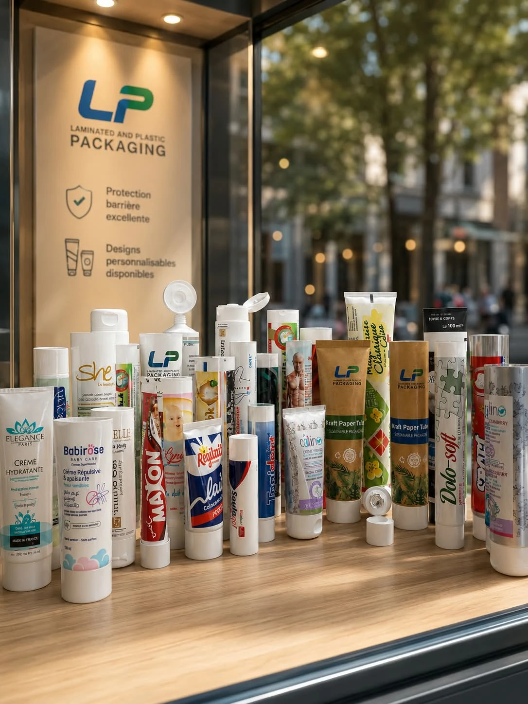 Présentation de tubes personnalisés dans une vitrine LP Packaging